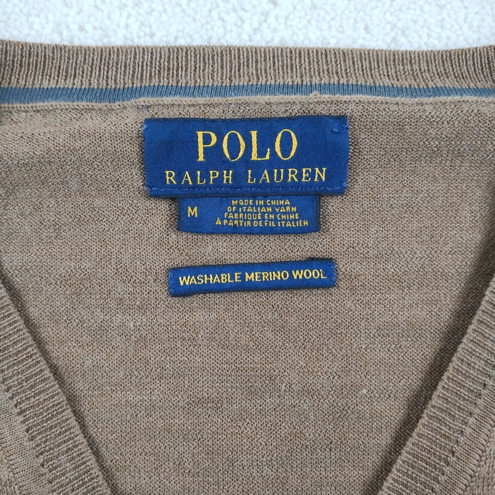 POLO Ralph Lauren Sweater Men's Med Brown Washable Merino Wool V-Neck Liteweight - Picture 4 of 13